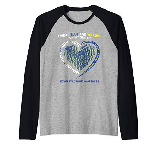Blue Yellow Ribbon For My Sister Down Syndrome Awareness Raglan Baseball Tee