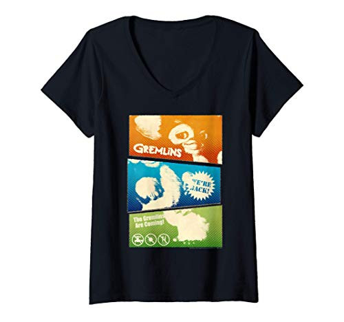 Womens Gremlins Colorful Panels Poster V-Neck T-Shirt