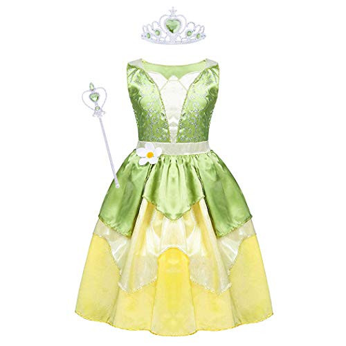 WonderBabe Tiana Costume for Girls Birthday Princess Dress up Halloween Party Fancy Dress Cosplay Costumes with Crown Scepter Green 3-4T