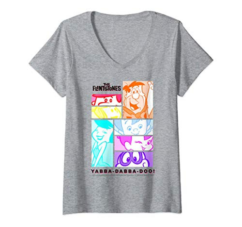 Womens The Flintstones Group Shot Pop Art Panels V-Neck T-Shirt