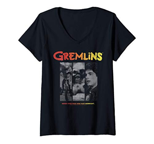 Womens Gremlins Panels Logo V-Neck T-Shirt