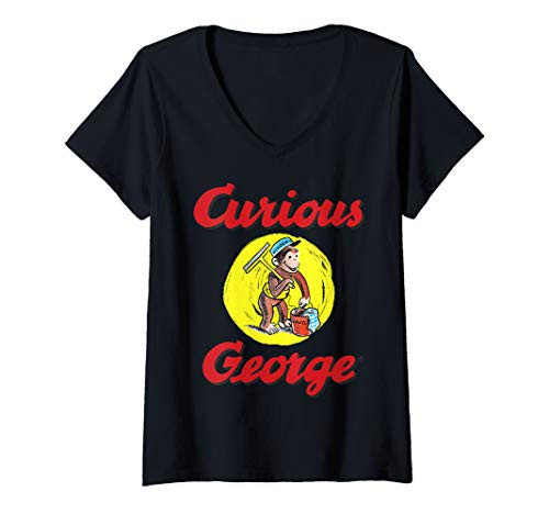 Womens Curious George Window Clean Portrait Logo V-Neck T-Shirt