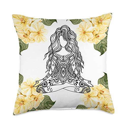 Floral Buddha Meditation Designs Meditation Mandala Silhouette Yoga Lover Yellow Floral Gift Throw Pillow 18x18 Multicolor