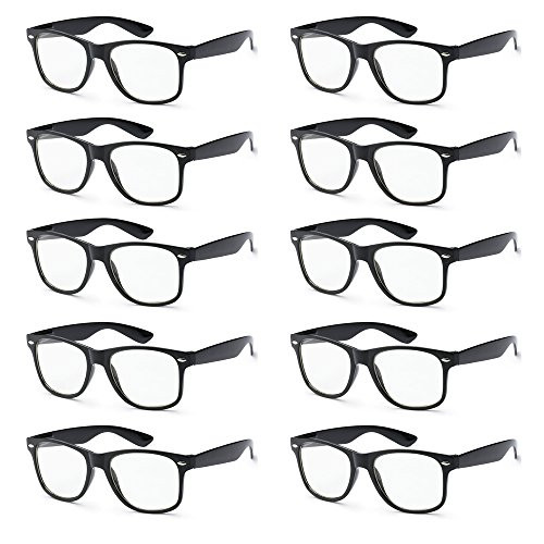 WHOLESALE UNISEX 80'S RETRO STYLE BULK LOT PROMOTIONAL SUNGLASSES - 10 PACK -Gloss Black - Clear Lens 52-