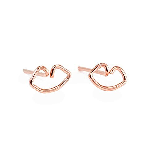 Mini Love Stud Earrings Handmade Tiny Sterling Silver and Gold Filled Heart and Pouty Kiss Studs -Rose Gold Kiss-