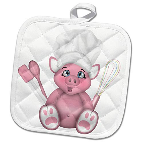 3dRose Cute Pink Pig Chef With Whisk Spatula and Spoon Illustration - Potholders -phl_327351_1-