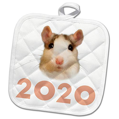 3dRose Funny adorable mouse or rat portrait. 2020. The year of the rat - Potholders -phl_326134_1-