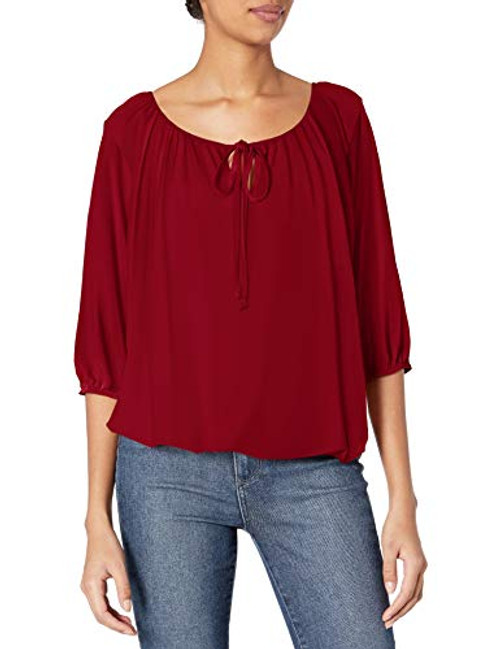 Star Vixen Women's Plus Size 3-4 Sleeve Front Tie Peasant Top Burgundy 2X