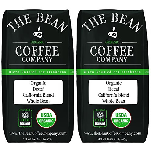 The Bean Coffee Company Organic Decaf California Blend Medium Dark Roast Whole Bean 16-Ounce Bags -Pack of 2-