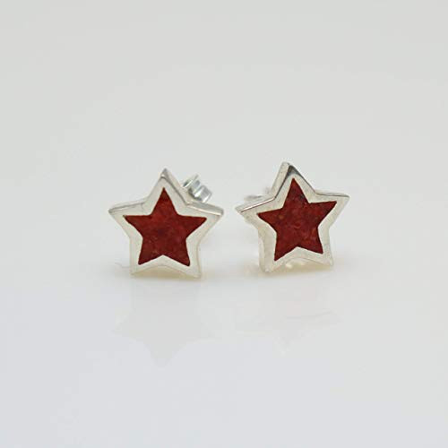 Star-shaped Coral Micro Mosaic Sterling Silver Stud Earrings Semi Precious Gemstone by HStudio