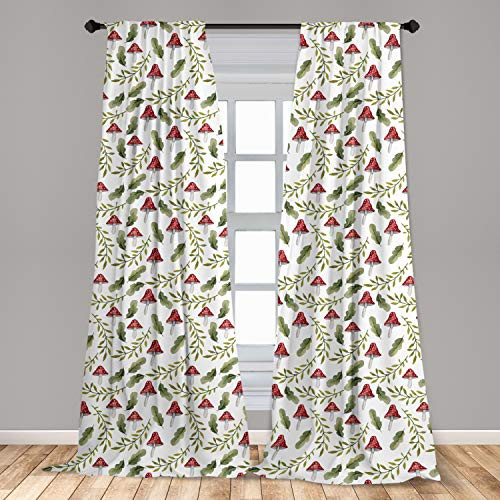 Ambesonne Mushroom Curtains Watercolor Pattern Green Leaves Forest Elements Botanical Woodland Theme Window Treatments 2 Panel Set for Living Room Bedroom Decor 56" x 84" Green Ruby