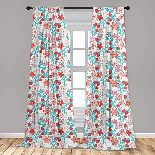 Ambesonne Floral Window Curtains Flowers Ladybugs Butterflies Strawberries Playroom Pattern Lightweight Decorative Panels Set of 2 with Rod Pocket 56" x 84" Coral Aqua