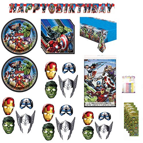 Avengers- Super Hero Birthday Party Supplies Bundle for 16 includes Lunch Plates Napkins Table Cover Happy Birthday Banner Party Paper Masks Candles