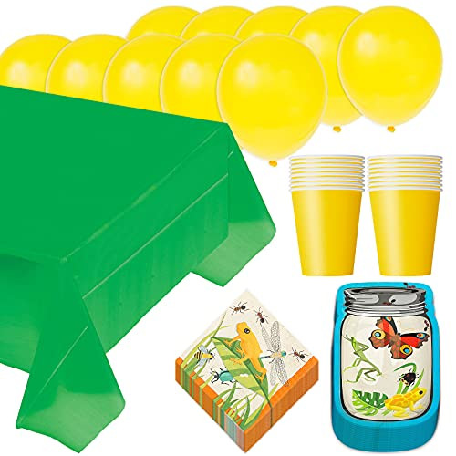 Bug and Insect Backyard Adventure Paper Dessert Plates Beverage Napkins Cups Table Cover and Balloon Set -Serves 16-
