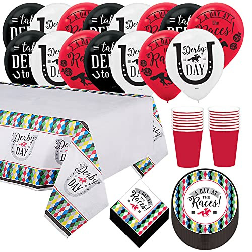Derby Day Party Pack - Horse Racing Paper Dessert Plates Napkins Cups Table Cover and Balloon Set -Serves 16- Derby Day Party Pack - Horse Racing Paper Dessert Plates Napkins Cups Table Cover and Balloon Set -Serves 16-