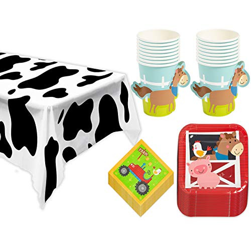Farm Party Pack - Red Barn Animals Paper Dessert Plates Napkins Cups and Cow Print Table Cover -Serves 16- Farm Party Pack - Red Barn Animals Paper Dessert Plates Napkins Cups and Cow Print Table Cover -Serves 16-