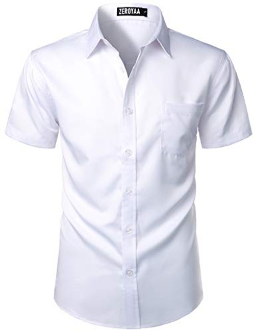 ZEROYAA Men's Casual Urban Stylish Slim Fit Short Sleeve Button Up Dress Shirt with Pocket ZLSC15 White Small