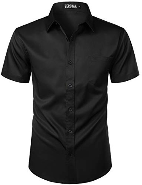 ZEROYAA Men's Casual Urban Stylish Slim Fit Short Sleeve Button Up Dress Shirt with Pocket ZLSC15 Black Large