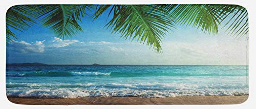Ambesonne Ocean Kitchen Mat Palms Tropical Island Beach Seashore Water Waves Hawaiian Nautical Marine Plush Decorative Kitchen Mat with Non Slip Backing 47" X 19" Blue Green