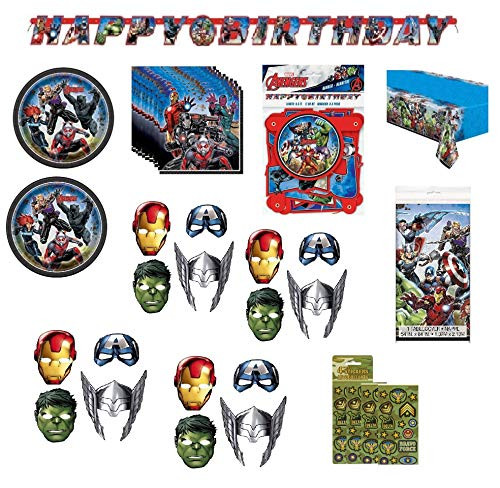Super Hero Avengers Birthday Party Supplies Decoration Bundle for 16 includes Plates Napkins Table Cover Happy Birthday Banner Paper Masks