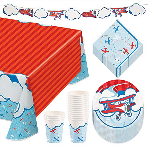 Airplane Party Up Up and Away Party Pack - Paper Dessert Plates Napkins Cups Table Cover and Garland Set -Serves 16- Airplane Party Up Up and Away Party Pack - Paper Dessert Plates Napkins Cups Table Cover and Garland Set -Serves 16-