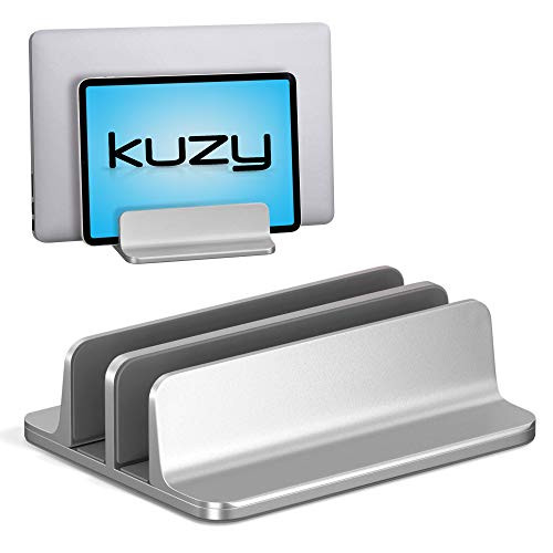 Kuzy Vertical Laptop Stand Adjustable - Double Dock Vertical Laptop Holder - Desk Stand Aluminum Compatible with MacBook Pro Vertical Stand for Laptops up to 17.3 inch Silver