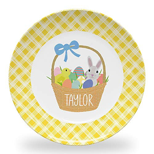 Tiny Expressions - Personalized Easter Plate for Kids with Customized Name and Colorful Bunny in Basket - BPA Free - Dishwasher Safe