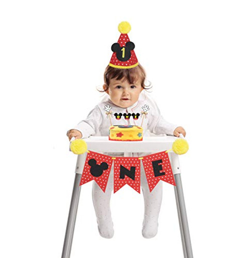 Mickey Mouse 1st Birthday Party Supplies Party Pack -Disney Clubhouse Highchair Birthday Banner for Boys-Cake Smash Outfit Boy Girl- Baby Happy Birthday Cake Topper Hat One Banner Party Decorations