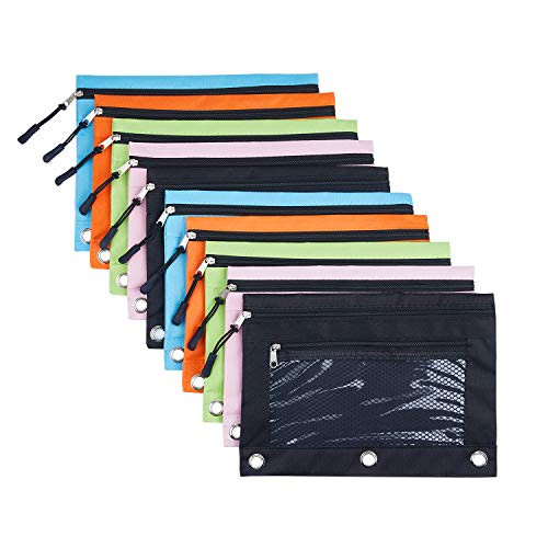 3 Rings Binder Pencil Pouch with Black Dismountable Zipper Puller, Pencil Case with Double Pocket and Mesh Window (Multi color-10pack)