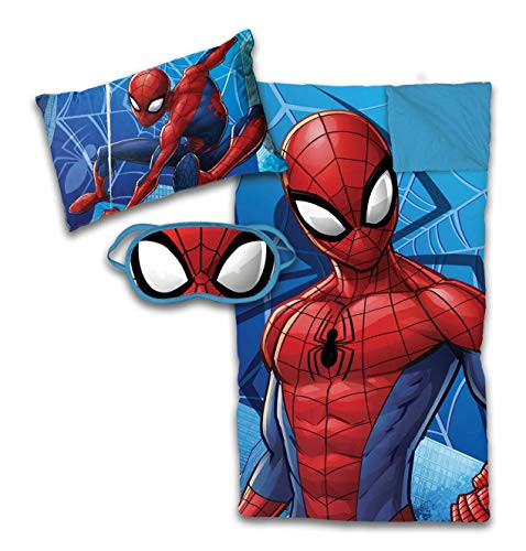 Marvel Spiderman 3 Piece Sleepover Set - Cozy  and  Warm Kids Slumber Bag with Pillow  and  Eye Mask -Official Marvel Product-