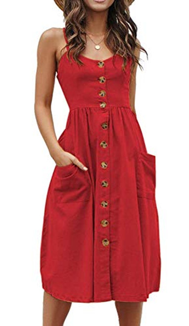 Womens Summer Button Down Casual Swing Plain Solid Midi Dress Pockets Red Plus Size