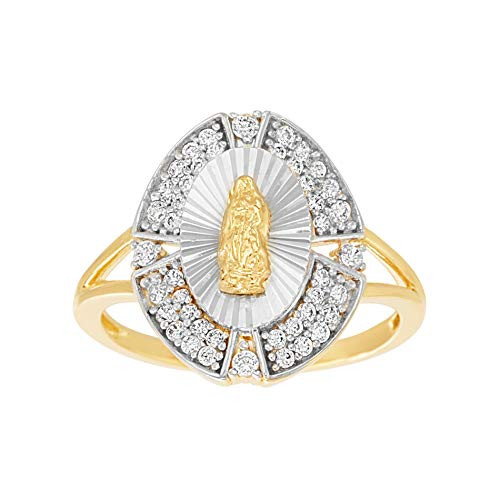 MY BIBLE Yellow Gold and Rhodium Plated Sterling Silver Cubic Zirconia Religious Saint Oval Design Ring for Women -Size 8-