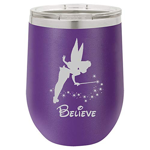 12 oz Double Wall Vacuum Insulated Stainless Steel Stemless Wine Tumbler Glass Coffee Travel Mug With Lid Fairy Believe -Purple-