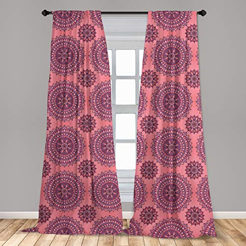 Ambesonne Purple Mandala Window Curtains Filigree Artwork Inspired Bohemian and Oriental Display Lightweight Decorative Panels Set of 2 with Rod Pocket 56" x 84" Coral Fuchsia
