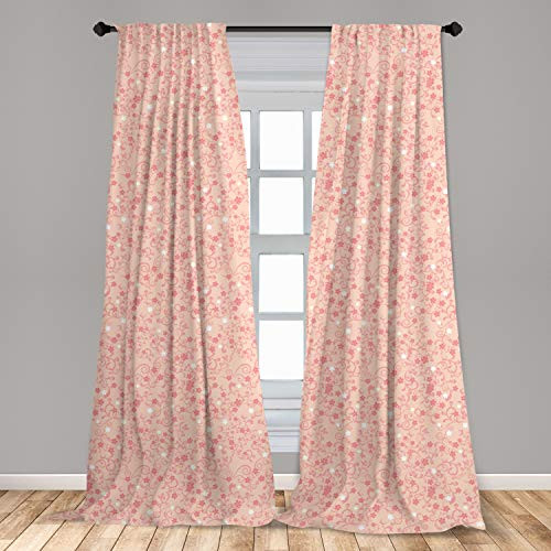Ambesonne Cherry Blossom Window Curtains Vintage Natural Illustration with Swirled Leaves Abstract Flora Asian Lightweight Decorative Panels Set of 2 with Rod Pocket 56" x 84" Peach Coral White