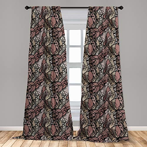 Ambesonne Victorian Window Curtains Black Lace Pattern with Geometric Shapes and Floral Inspirations Vintage Art Lightweight Decorative Panels Set of 2 with Rod Pocket 56" x 84" Multicolor
