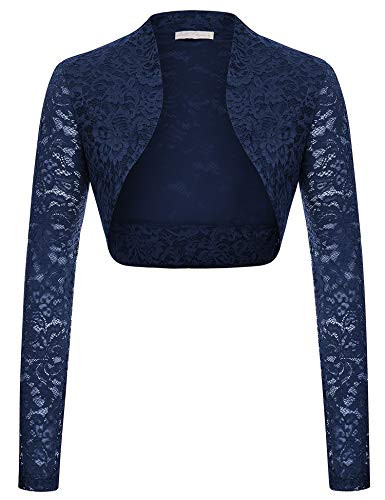 Belle Poque Women's Bolero Plus Size Shrug Lace Long Sleeve Open Front Cropped Cardigan Jacket -NavyXXL-
