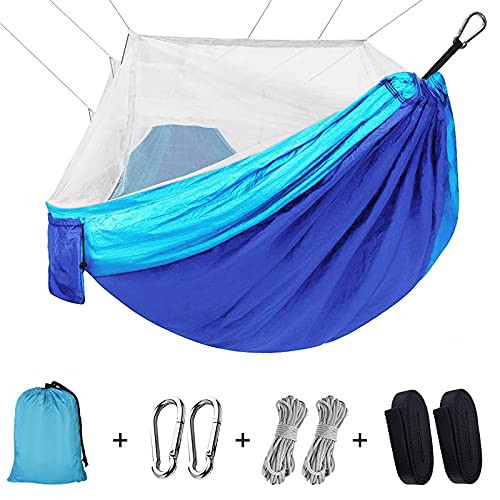 Bligli Camping Hammock with Mosquito  and  Bug Net Portable Double  and  Single Lightweight Travel Hammocks with Tree Straps Easy Assembly Nylon Hammock for Hiking Camping Backpacking Beach Backyard -Blue-