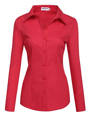 HOTOUCH Womens Tailored Long Sleeve Button Down Shirt with Stretch-Red-Medium