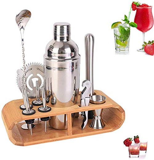 Bartender Kit 12-piece Cocktail Shaker Set Home Bar Tool Kit with Stand 25oz Stainless Steel Bar gifts With Spoon Jigger Pourers Bottle Opener Muddler Strainer and Ice Tongs