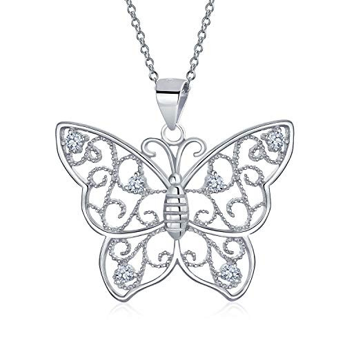 Large Filigree Cubic Zirconia CZ Garden Butterfly Pendant Necklace For Women For Teen 925 Sterling Silver Large Filigree Cubic Zirconia CZ Garden Butterfly Pendant Necklace For Women For Teen 925 Sterling Silver