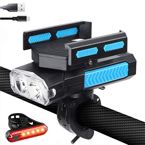 USB Rechargeable Bike Light Set with Phone Holder5IN1 Bike Light with Horn and Phone ChargerWaterproof Bicycle Front Headlight and Back Taillight 6 Light Modes for Road Mountain Cycling -Blue- USB Rechargeable Bike Light Set with Phone Holder5IN1 Bike Light with Horn and Phone ChargerWaterproof Bicycle Front Headlight and Back Taillight 6 Light Modes for Road Mountain Cycling -Blue-