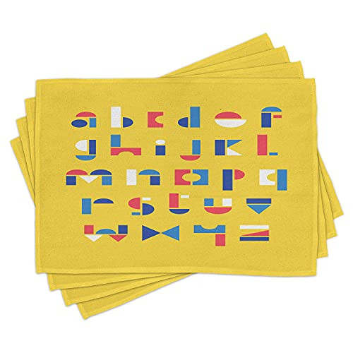 Ambesonne Alphabet Place Mats Set of 4 Colored Geometric Small Letters Elementary ABC Washable Fabric Placemats for Dining Table Standard Size Yellow and Multicolor