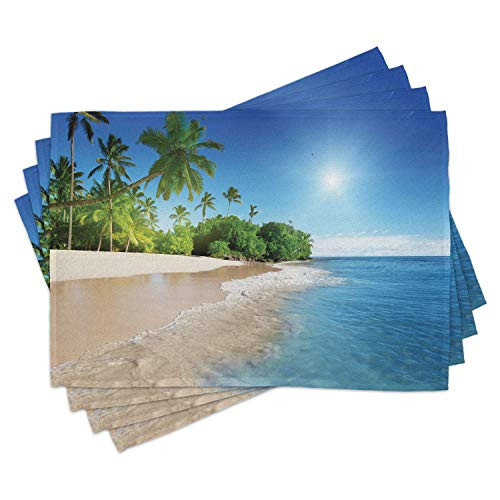 Ambesonne Blue Place Mats Set of 4 Ocean Tropical Palm Trees on Sunny Island Beach Scene Panoramic View Picture Washable Fabric Placemats for Dining Table Standard Size Blue Green