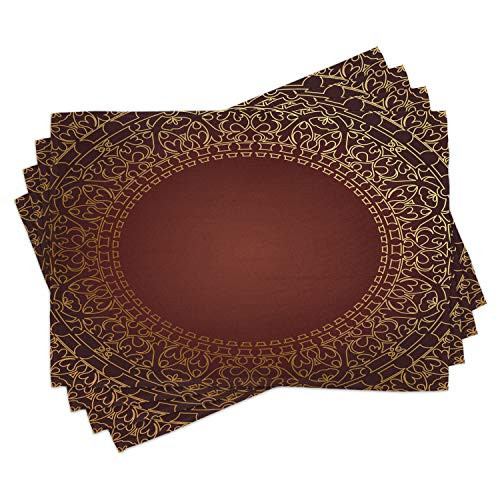 Lunarable Maroon Place Mats Set of 4 Vintage Frame with Eastern Motifs Traditional Retro Classic Art Washable Fabric Placemats for Dining Table Standard Size Earth Yellow