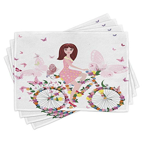 Lunarable Butterfly Place Mats Set of 4 Floral Design Flower Girl on The Bicycle and Butterflies Illustration Washable Fabric Placemats for Dining Room Kitchen Table Decor Pale Pink and White