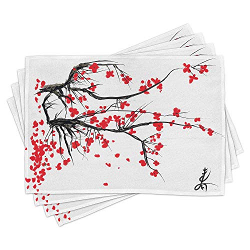 Ambesonne Nature Place Mats Set of 4 Sakura Blossom Japanese Cherry Tree Garden Summertime Vintage Cultural Print Washable Fabric Placemats for Dining Room Kitchen Table Decor Grey and Vermilion