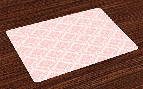 Lunarable Blush Place Mats Set of 4 Damask Motif Retro Design of Floral Pattern with Swirling Petals and Branches Washable Fabric Placemats for Dining Room Kitchen Table Decor Pink White Lunarable Blush Place Mats Set of 4 Damask Motif Retro Design of Floral Pattern with Swirling Petals and Branches Washable Fabric Placemats for Dining Room Kitchen Table Decor Pink White