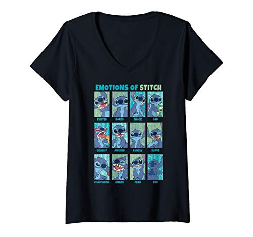 Womens Disney Lilo  and  Stitch Emotions Of Stitch Panels V-Neck T-Shirt