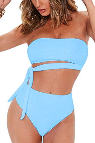 FAFOFA Women's Sexy Bandeau Tie Waist High Waisted Two Pieces Bikini Set Swimsuit -L Light Blue-
